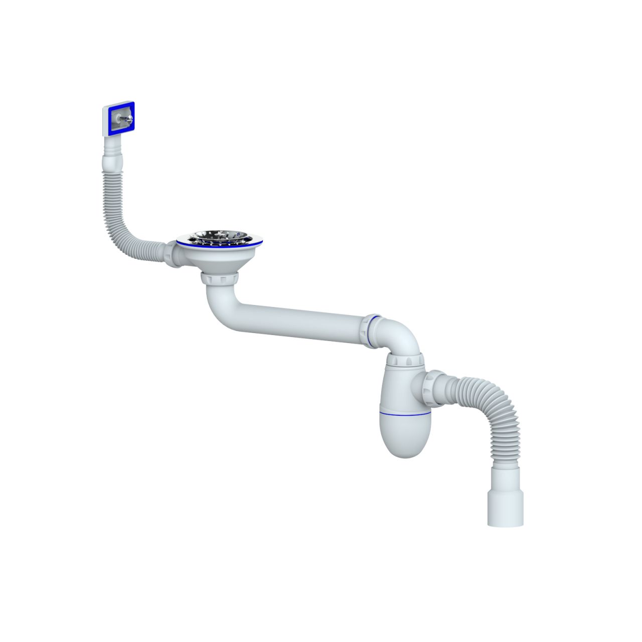 Unicorn Сифон для мойки со смещением ВС22  3 1/2" (Ø 40) прямоугольный перелив, гибкий отвод
